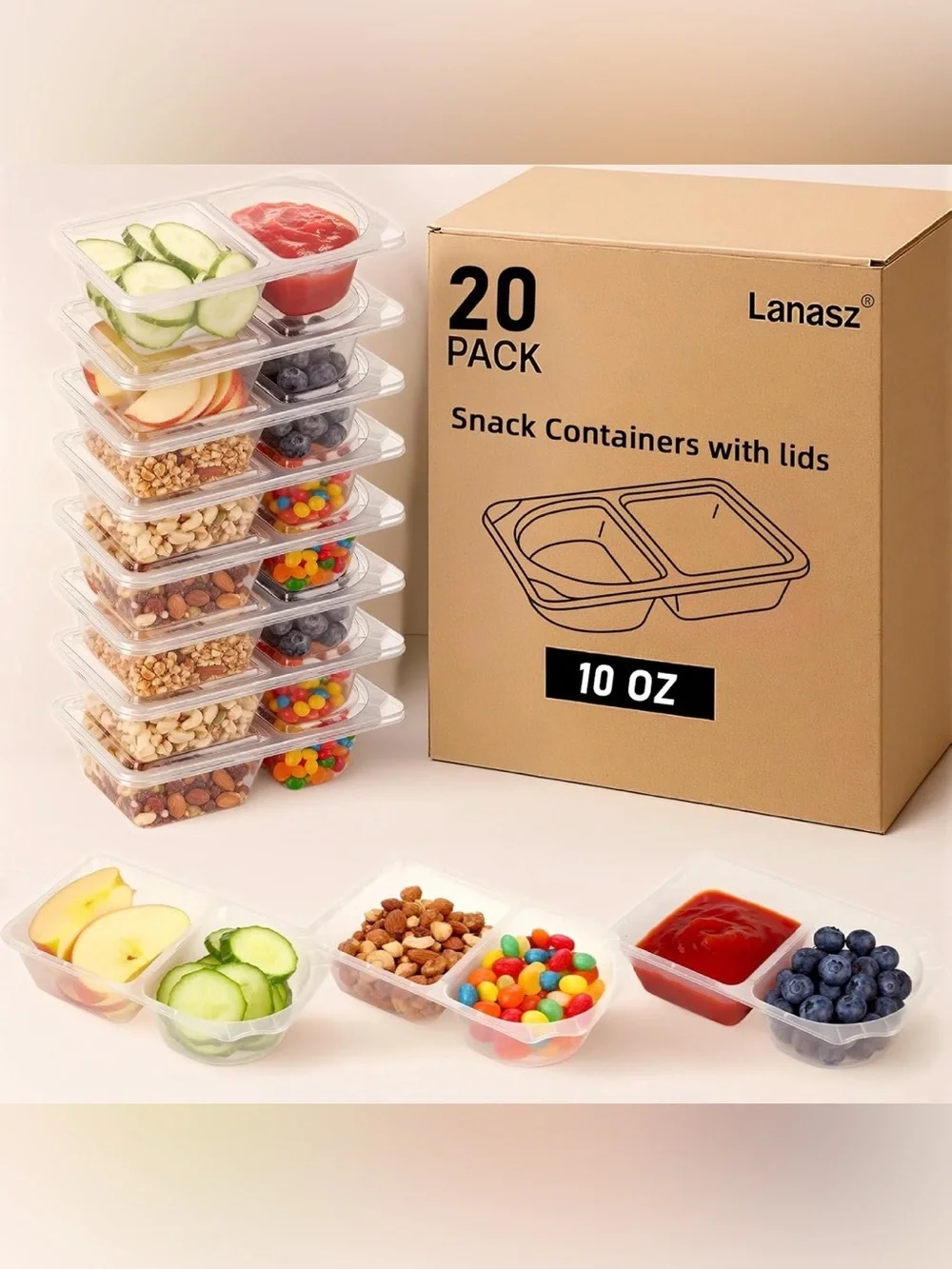 20 Sets 10oz Reusable Snack Containers with Lids – Double Compartment Snack Pack